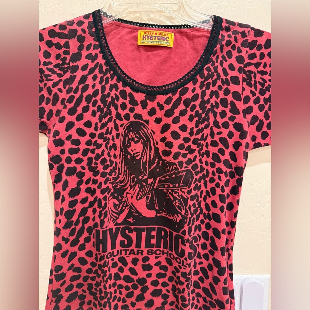 RARE Hysteric Glamour Guitar School Red Leopard tee with black lace trim - Picture 3 of 9
